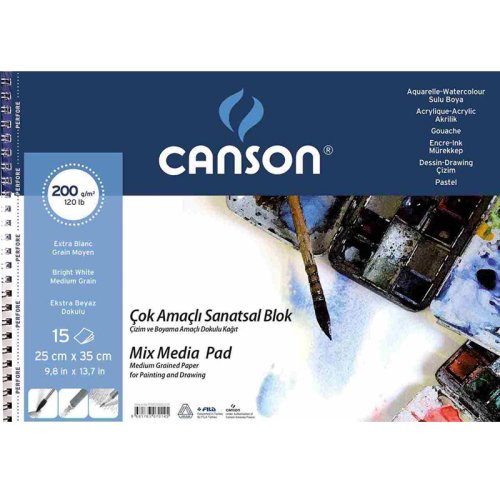 Canson Mix Media Spiralli Çizim Defteri 15 Yaprak 200g 25x35cm - 25x35cm