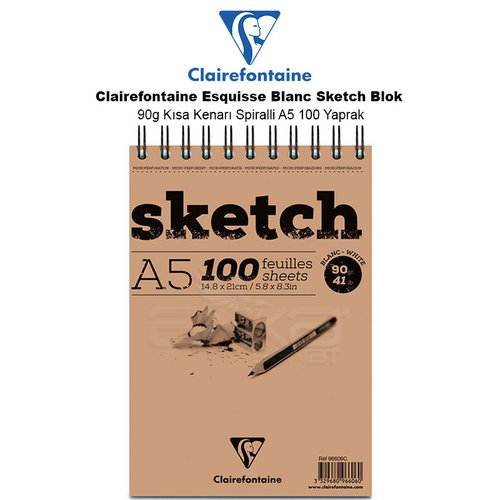 Clairefontaine Esquisse Blanc Sketch Blok 90g Kısa Kenarı Spiralli A5 100 Yaprak