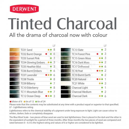 Derwent Tinted Charcoal Sulandırılabilen Renkli Füzen Kalem 24lü Set