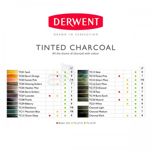 Derwent Tinted Charcoal Sulandırılabilen Renkli Füzen Kalem 6lı Set