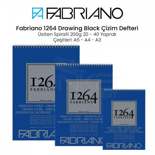 Fabriano 1264 Drawing Black Paper Siyah Çizim Defteri Üstten Spiralli 200g