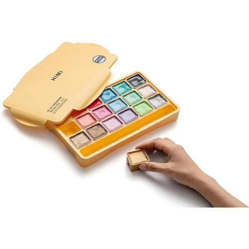 HIMI Jelly Cup Gouache Set Metalik Renk Guaj Boya Seti 18 Renk x 30g (Yellow Case)