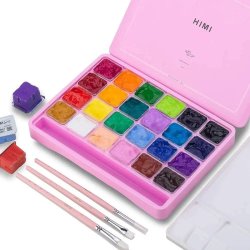 HIMI - HIMI Jelly Cup Gouache Set Guaj Boya Seti 24 Renk x 30g + 3 Fırça (Pink Case)