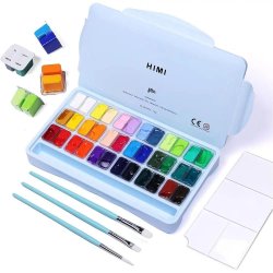 HIMI - HIMI Twin Cup Gouache Set Guaj Boya Seti 36 Renk x 12g + 3 Fırça (Ice Blue Case)