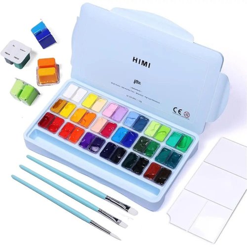HIMI Twin Cup Gouache Set Guaj Boya Seti 36 Renk x 12g + 3 Fırça (Ice Blue Case)