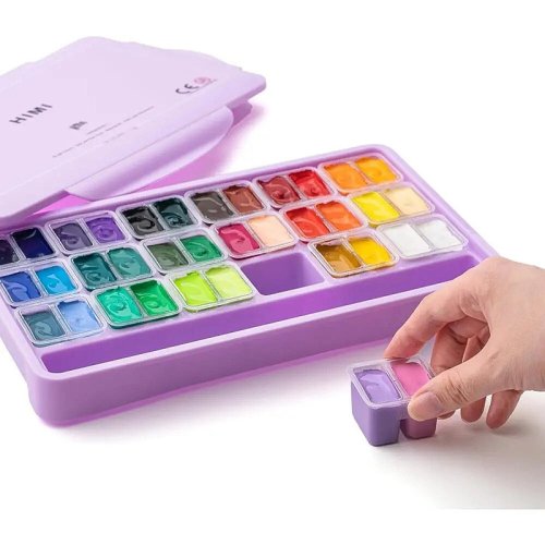 HIMI Twin Cup Gouache Set Guaj Boya Seti 36 Renk x 12g + 3 Fırça (Purple Case)