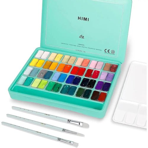 HIMI Twin Cup Gouache Set Guaj Boya Seti 48 Renk x 12g + 3 Fırça (Green Case)