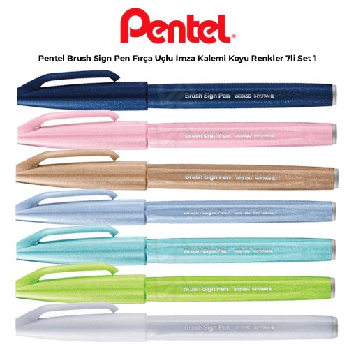 Pentel Brush Sign Pen Fırça Uçlu İmza Kalemi 7li Set 1