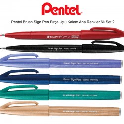 Pentel - Pentel Brush Sign Pen Fırça Uçlu Kalem Ana Renkler 6lı Set 2