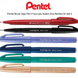 Pentel - Pentel Brush Sign Pen Fırça Uçlu Kalem Ana Renkler 6lı Set 2