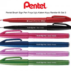 Pentel - Pentel Brush Sign Pen Fırça Uçlu Kalem Koyu Renkler 6lı Set 3