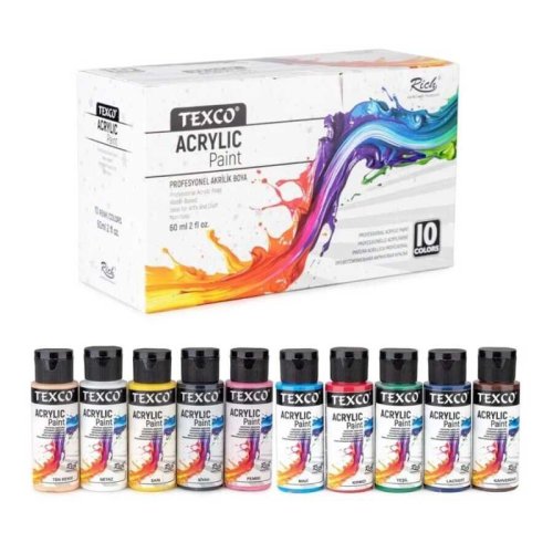 Texco Akrilik Boya Seti 10 Renk x 60ml Ana Renkler 19911