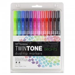 Tombow - Tombow TwinTone Çift Taraflı İşaretleme Kalemi Parlak Renkler 12li