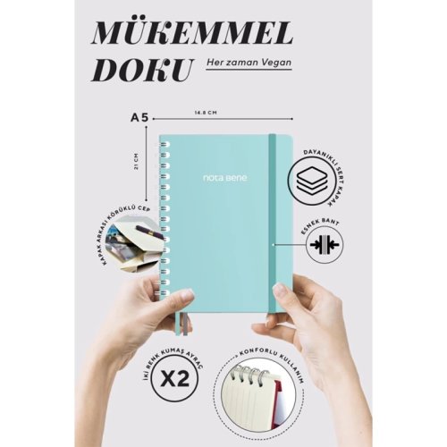 Victorias Journals Spiralli Sert Kapak Defter 100g A5 160 Sayfa Çizgili Mint yeşili