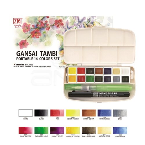 Zig Gansai Tambi Portable Set 14lü + Su Hazneli Fırça + 0.1mm Mangaka