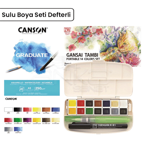 Zig Gansai Tambi Sulu Boya Set 14lü Defter + Su Hazneli Fırça + 0.1mm Mangaka (2)